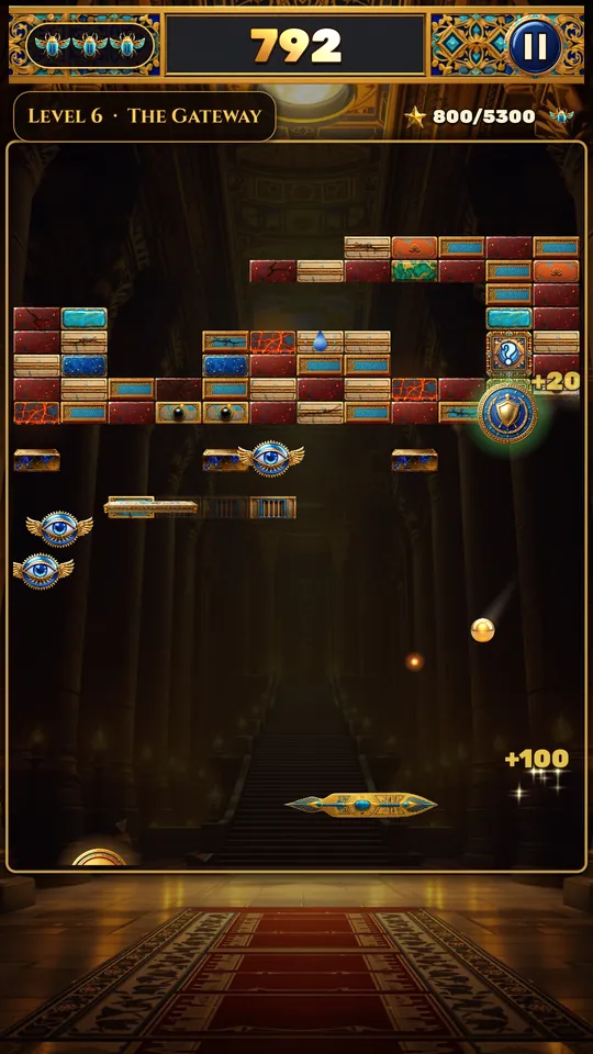 Tomb Breaker gameplay: the golden orb, the scarab barge and guardian eyes in the Throne of Ra