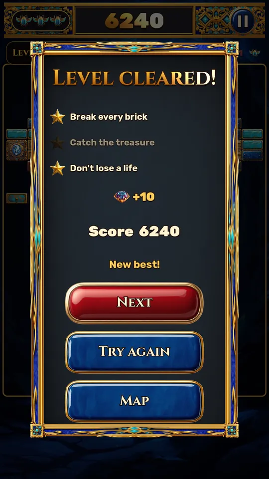 A level cleared with stars, gems and a new best score